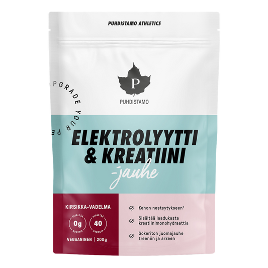普赫迪斯塔莫 电解质与肌酸粉 樱桃-覆盆子 200 g｜Puhdistamo Elektrolyytti & Kreatiini -jauhe Kirsikka-Vadelma 200 g