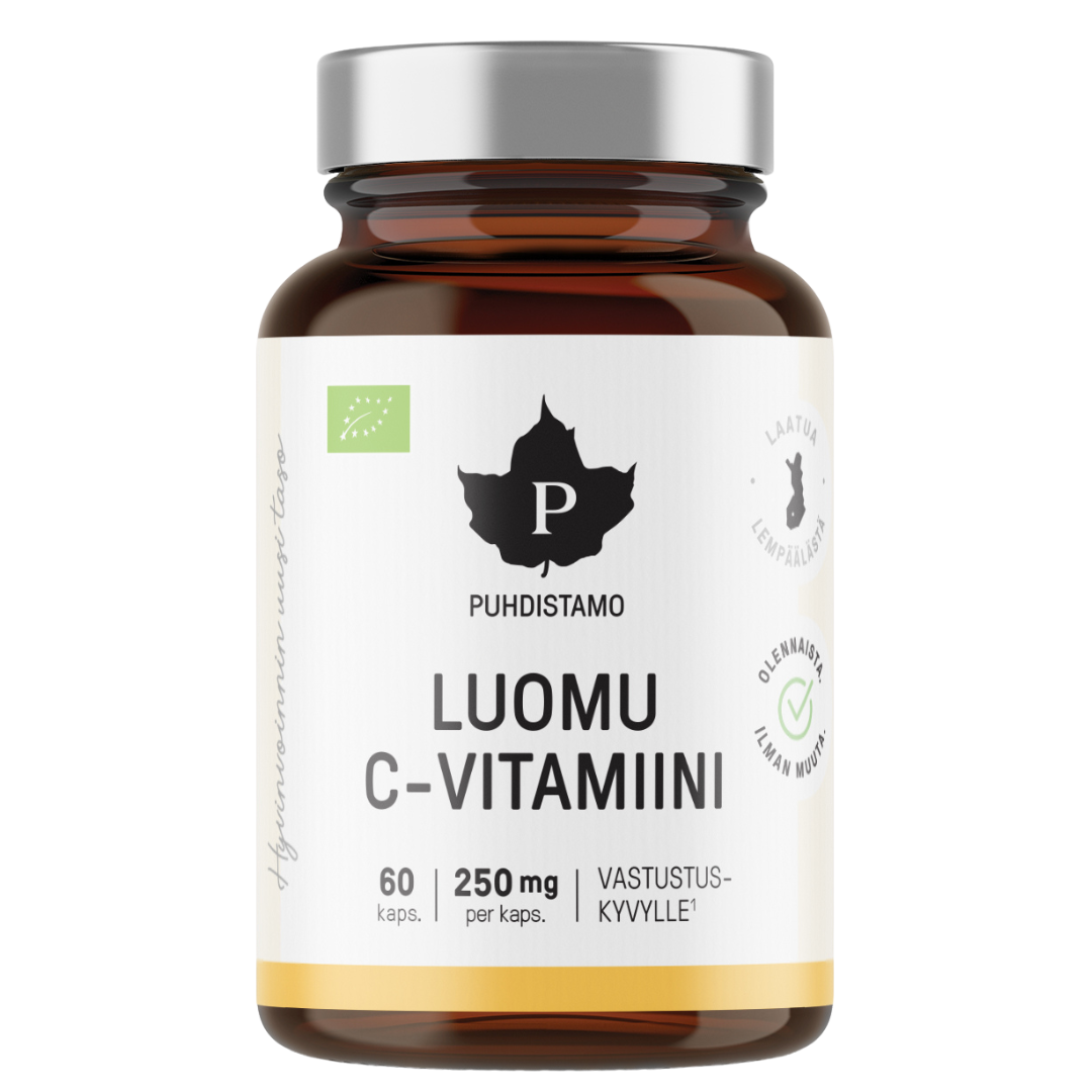 Puhdistamo Luomu C-vitamiini 250 mg 60 kaps.｜Puhdistamo 有机维生素 C 250 毫克 60 粒胶囊。
