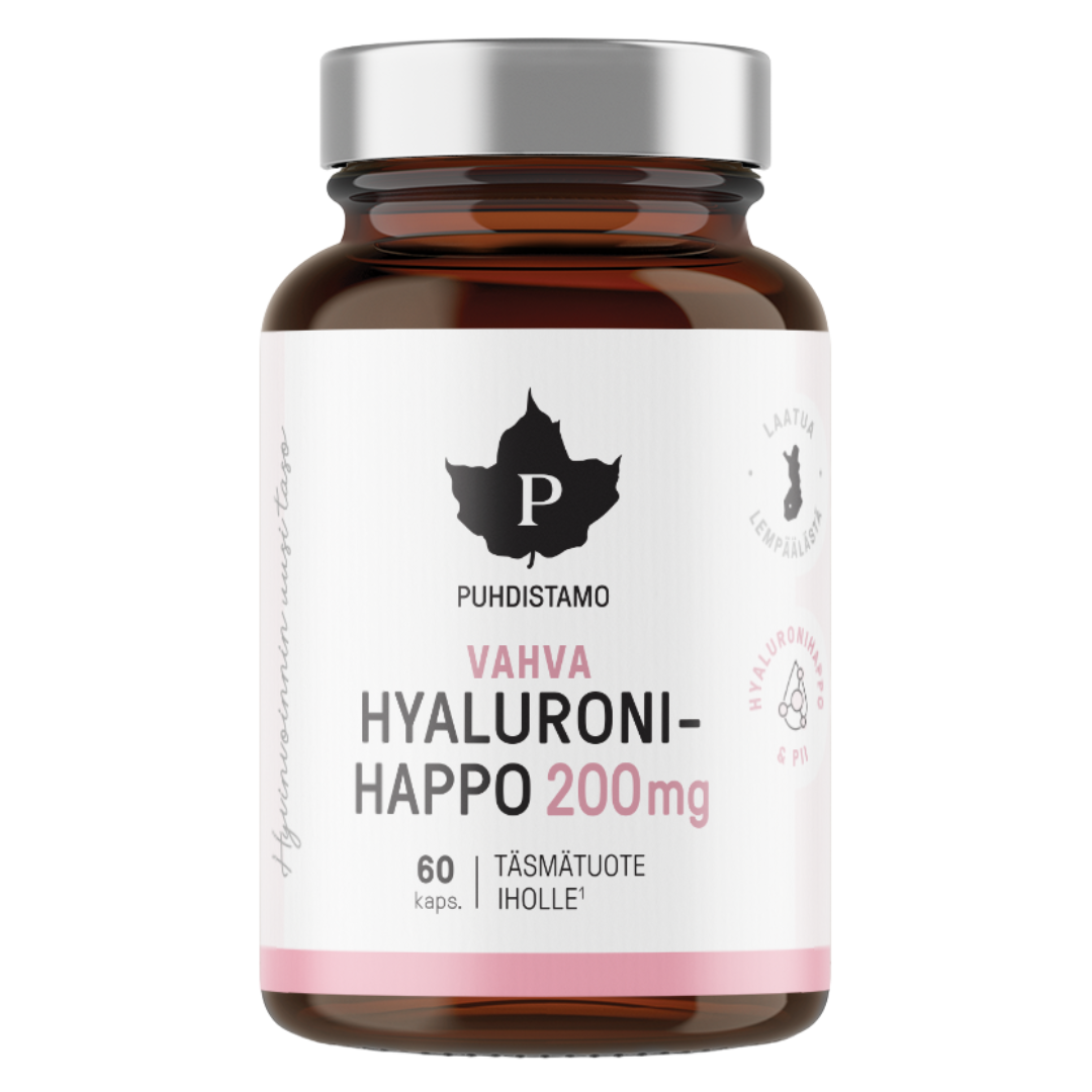 Puhdistamo Vahva Hyaluronihappo 200 mg 60 kaps.｜Puhdistamo 强效透明质酸 200 毫克 60 粒胶囊。