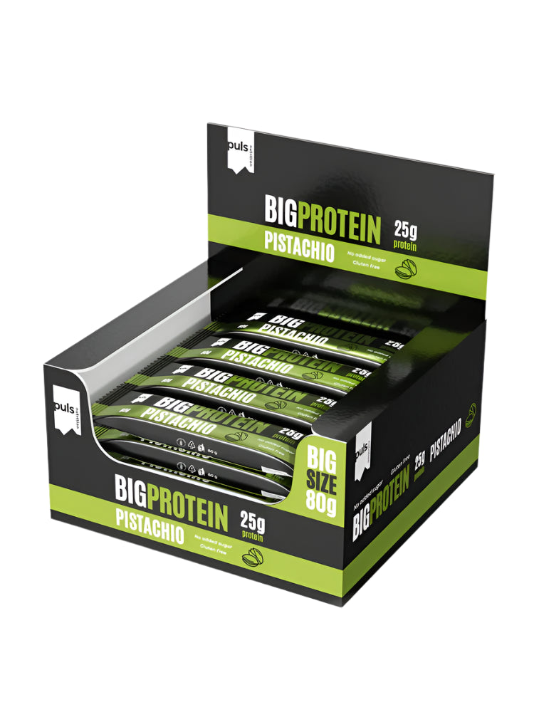 Puls Nutrition BIG PROTEIN 开心果味蛋白棒 12支x80克 批发装｜Puls Nutrition BIG PROTEIN Pistachio - Proteiinipatukka Pistaasi 12 kpl x 80 g TUKKUPAKKAUS