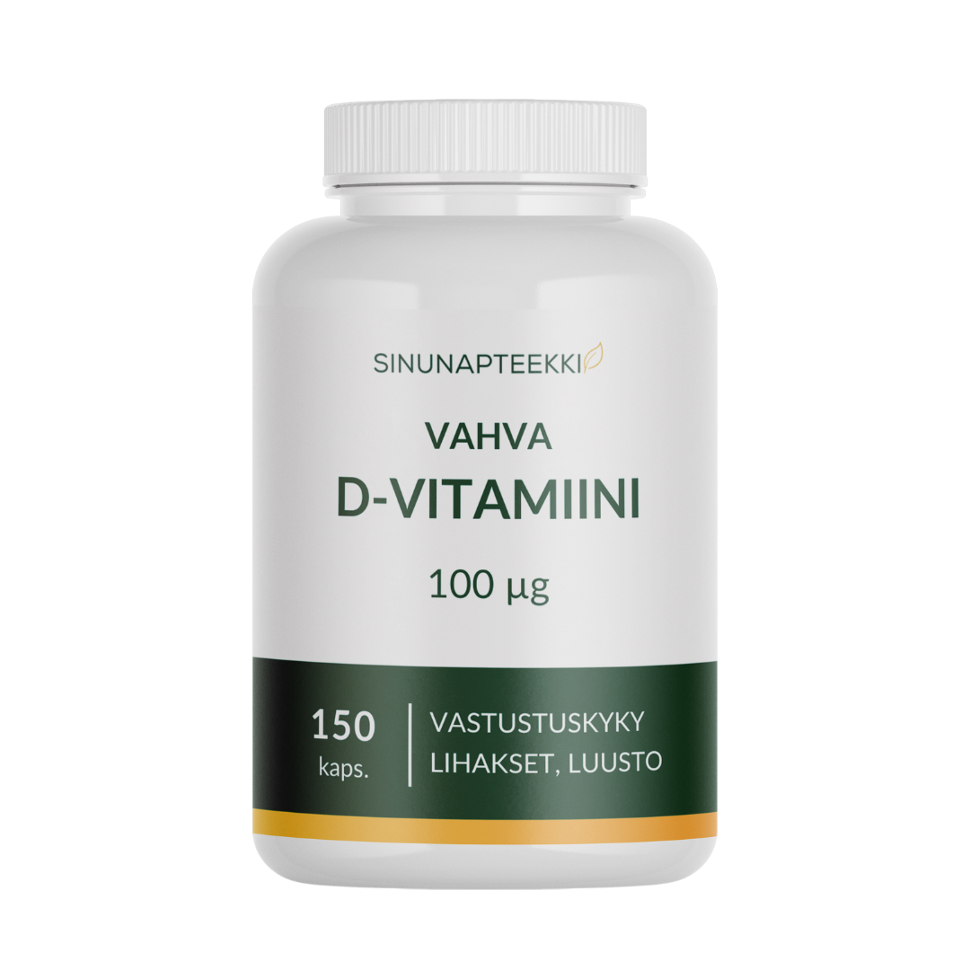 Sinunapteekin Vahva D-vitamiini 100 µg 150 kaps.｜Sinunapteekin 强效维生素 D 100 微克 150 粒。