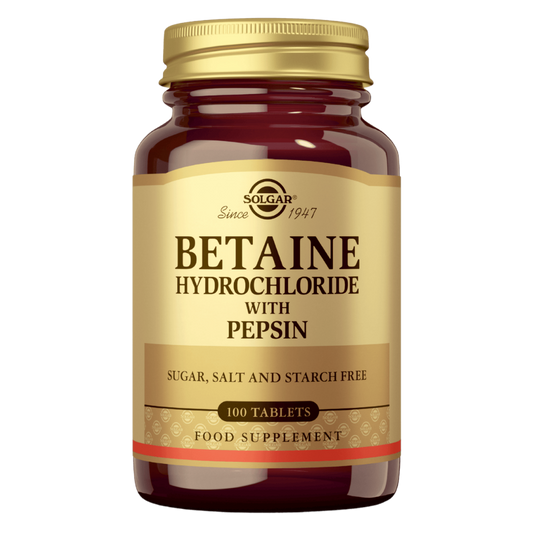 索尔加甜菜碱盐酸盐+胃蛋白酶100片｜Solgar Betaine - Betaiinihydrokloridi + Pepsiini 100 tabl.