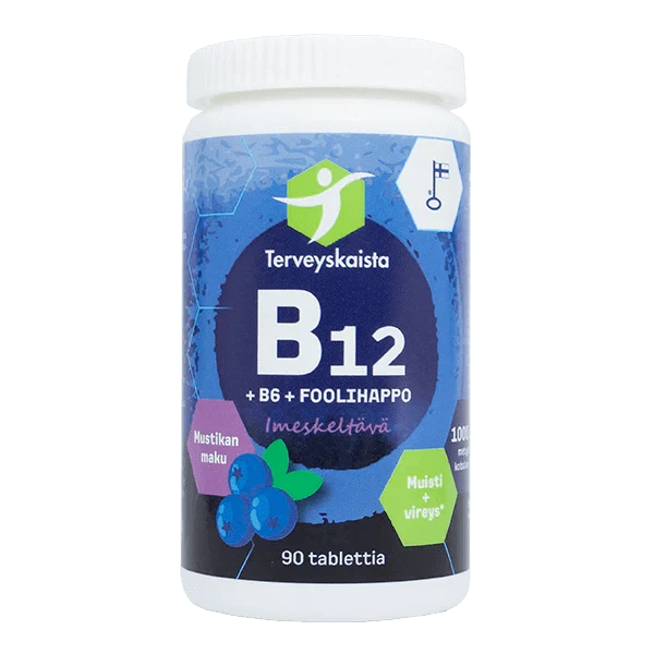 维生素B12+B6+叶酸 蓝莓味 90片 - 含服｜Terveyskaista B12 + B6 + Foolihappo Mustikanmakuinen 90 tabl. - Imeskeltävä