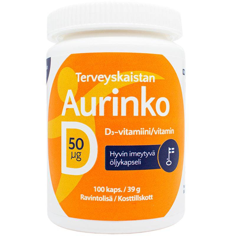Terveyskaista Aurinko D 50 µg 100 kaps.｜Terveyskaista Aurinko D 50 µg 100 粒胶囊。