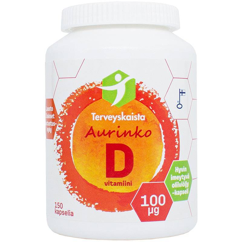 健康地带阳光维生素D 100微克150粒｜Terveyskaista Aurinko D 100 µg 150 kaps.