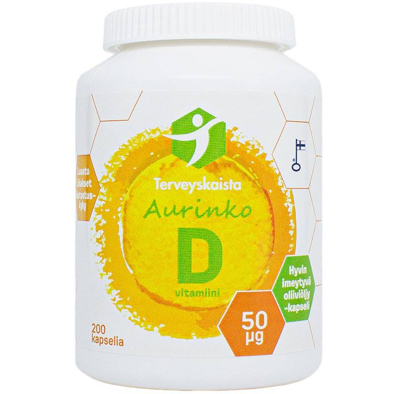 健康地带阳光维生素D 50微克200粒｜Terveyskaista Aurinko D 50 µg 200 kaps.