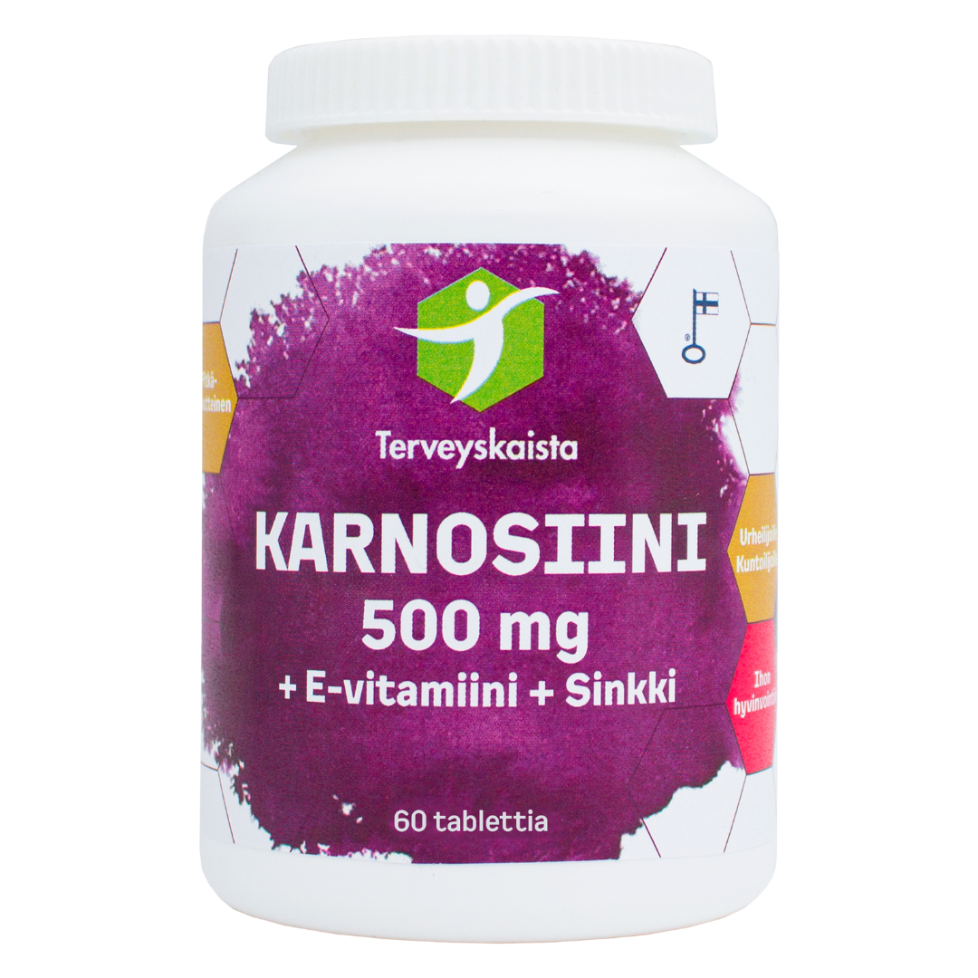 健康带 肌肽 500 毫克 + 维生素E + 锌 60 片｜Terveyskaista Karnosiini 500 mg + E-vitamiini + Sinkki 60 tabl.
