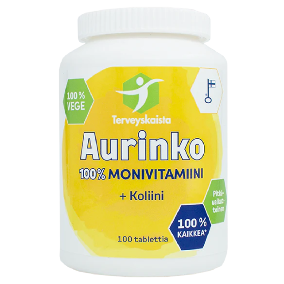 健康地带阳光100%多种维生素+胆碱100片｜Terveyskaista Aurinko 100% Monivitamiini + Koliini 100 tabl.