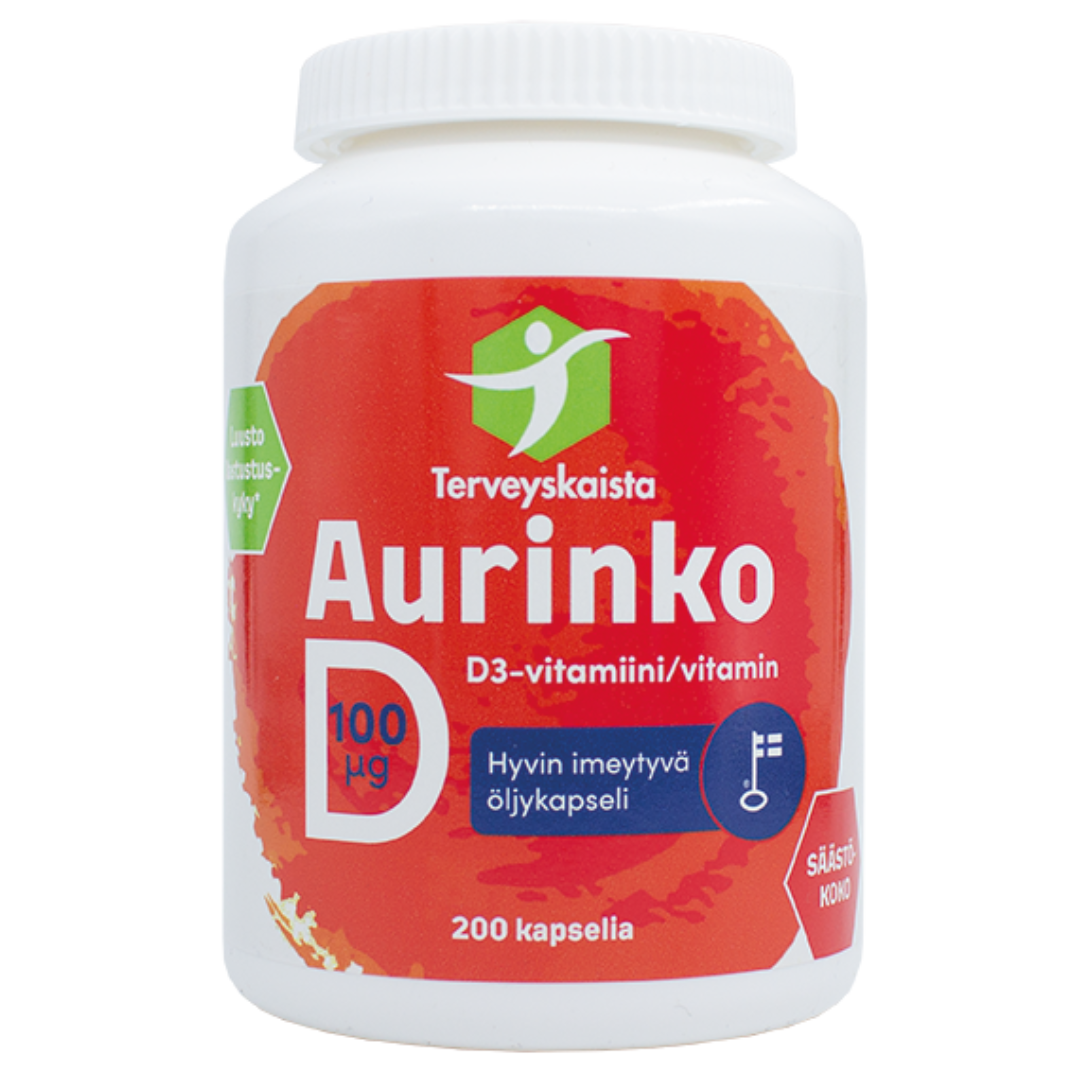 健康地带阳光维生素D 100微克200粒｜Terveyskaista Aurinko D 100 µg 200 kaps.