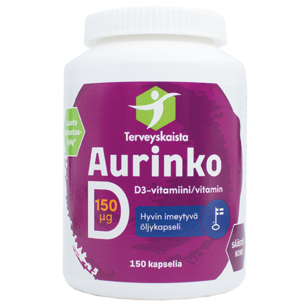 Terveyskaista Aurinko D3-vitamiini vahva 150 µg 150 kaps.｜Terveyskaista Sun 维生素 D3 强效 150 微克 150 粒胶囊。