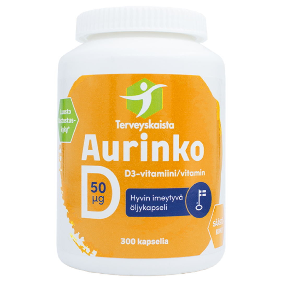 健康地带阳光维生素D 50微克300粒｜Terveyskaista Aurinko D 50 µg 300 kaps.
