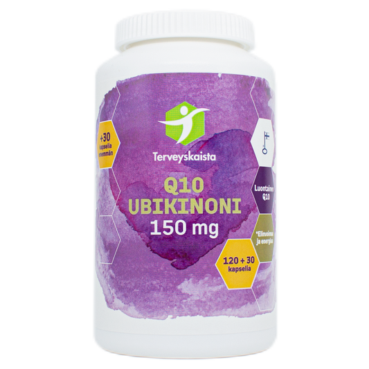 健康地带 Q10 辅酶 150毫克 120+30粒 促销装｜Terveyskaista Q10 Ubikinoni 150 mg 120+30 kaps. kampanjapakkaus