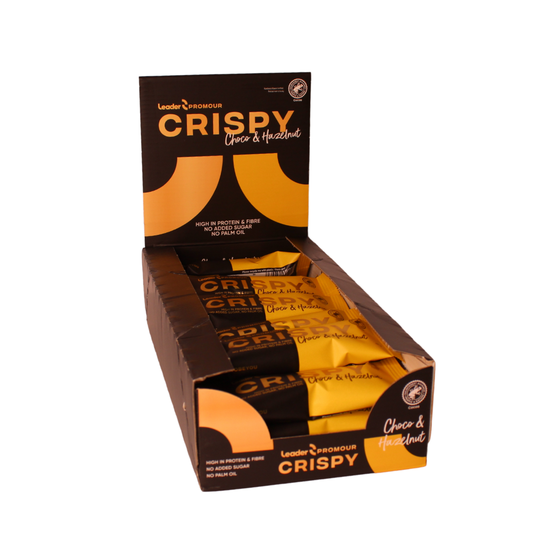 Leader Promour脆脆巧克力榛子-蛋白棒18x45克批发装-保质期2026年9月17日｜Leader Promour Crispy Choco & Hazelnut - Proteiinipatukka 18 x 45 g TUKKUPAKKAUS - Päiväys 17/09/2026