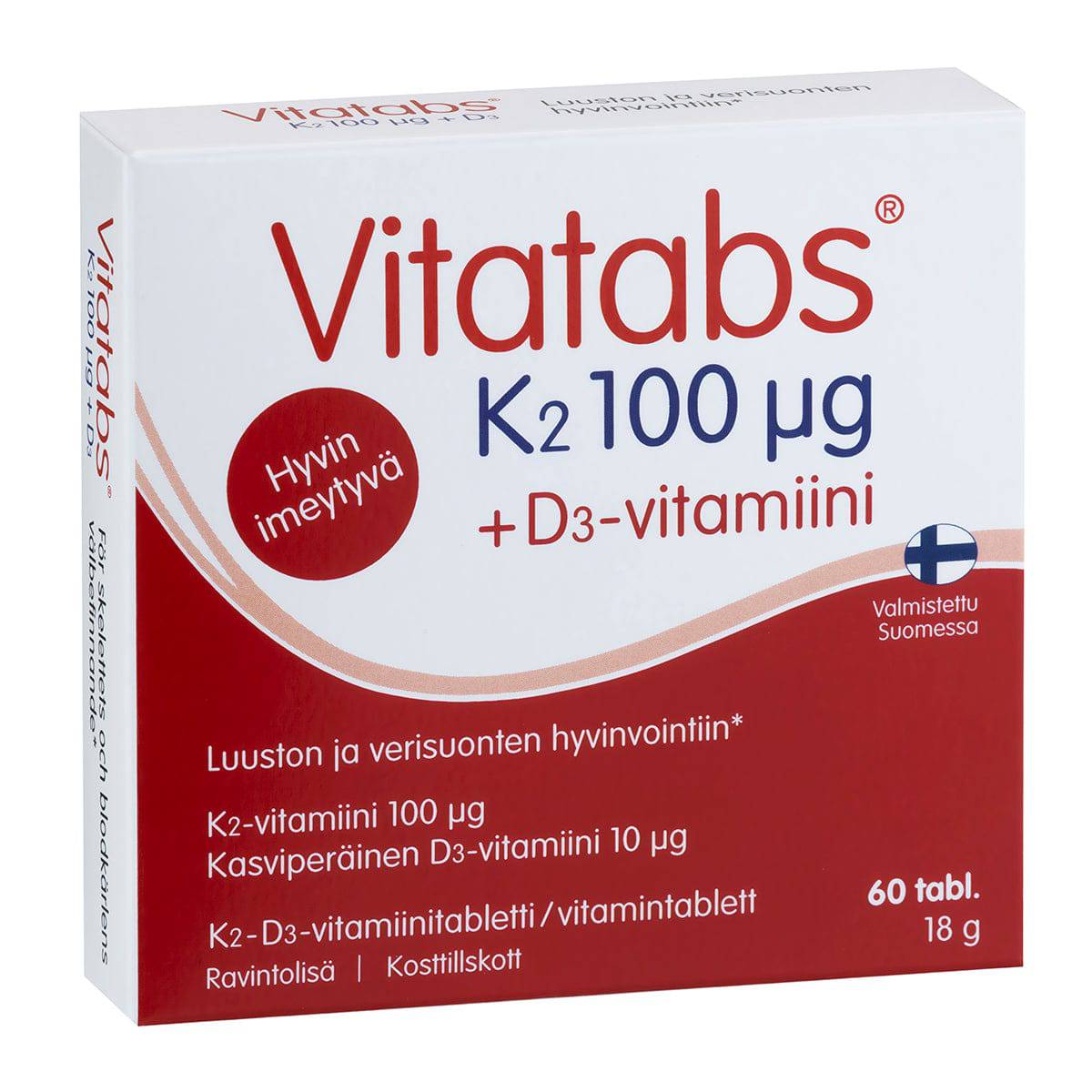 Vitatabs K2 100微克 + D3维生素 60片｜Vitatabs K2 100 µg + D3- vitamiini 60 tabl.